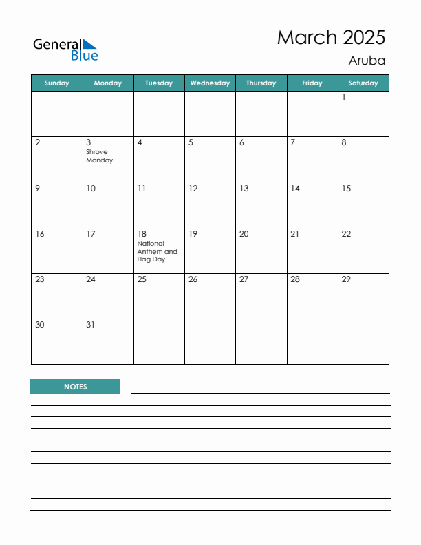 Calendar with Notes Printable - Sunday Start