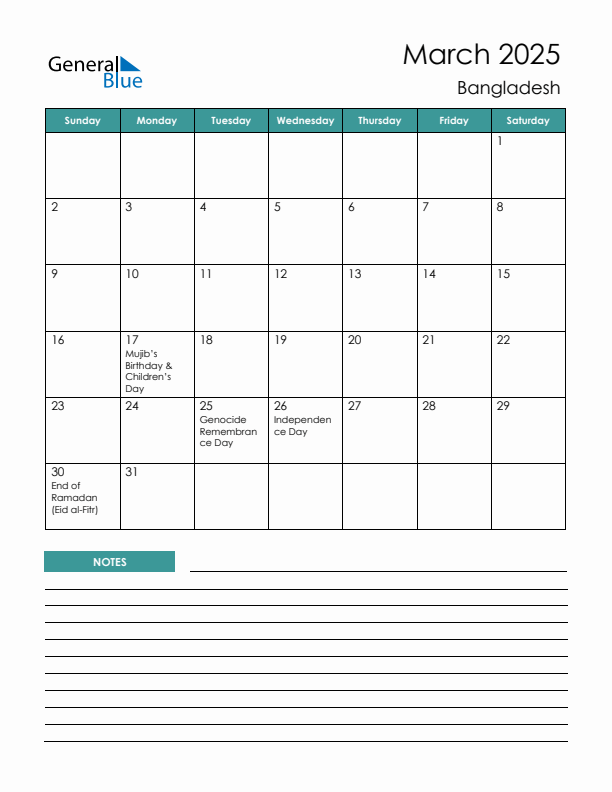 Calendar with Notes Printable - Sunday Start