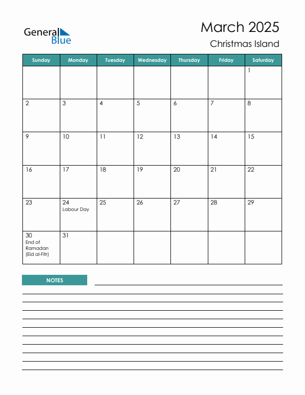 Calendar with Notes Printable - Sunday Start