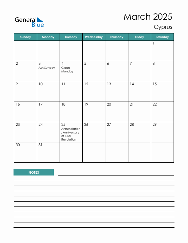 Calendar with Notes Printable - Sunday Start