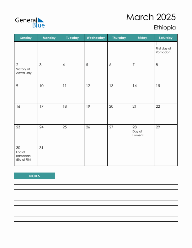 Calendar with Notes Printable - Sunday Start