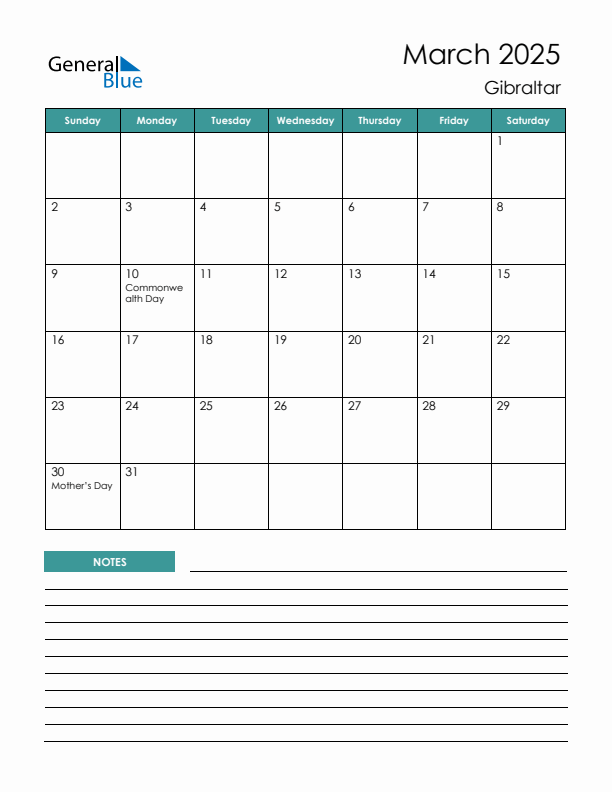 Calendar with Notes Printable - Sunday Start