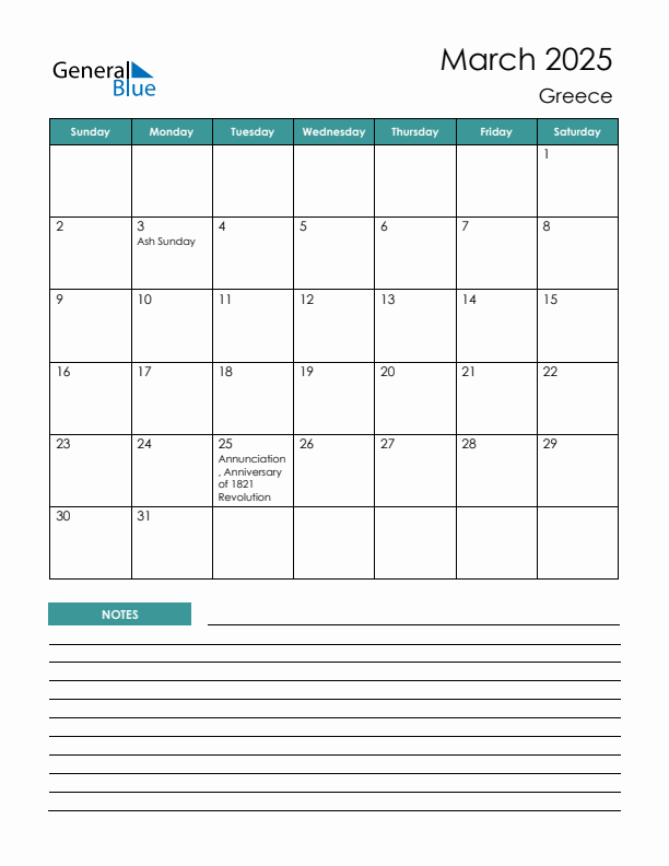 Calendar with Notes Printable - Sunday Start