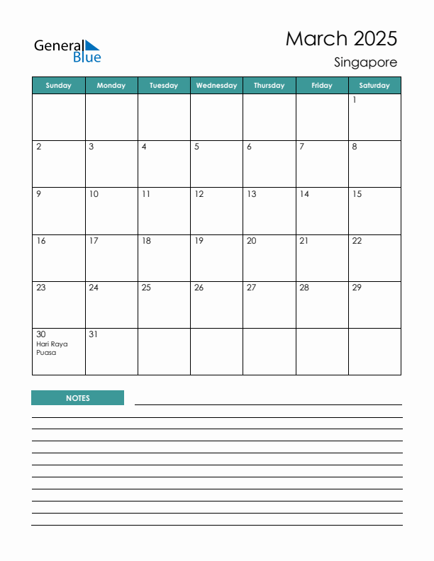 Calendar with Notes Printable - Sunday Start