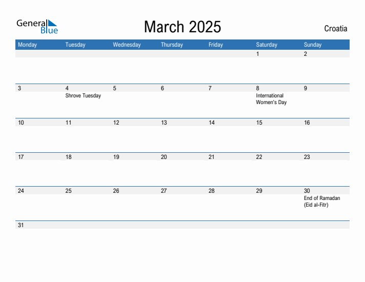 Fillable March 2025 Calendar