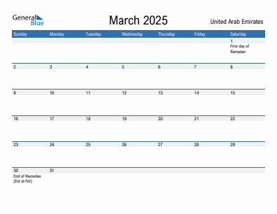 Current month calendar with United Arab Emirates holidays for March 2025