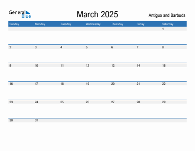 Current month calendar with Antigua and Barbuda holidays for March 2025