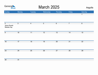 Current month calendar with Anguilla holidays for March 2025