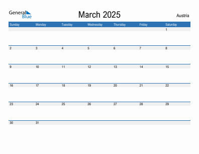 Current month calendar with Austria holidays for March 2025