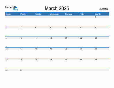 Current month calendar with Australia holidays for March 2025