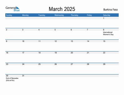 Current month calendar with Burkina Faso holidays for March 2025