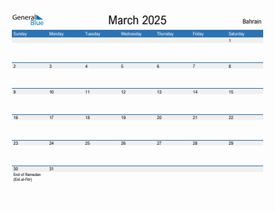 Current month calendar with Bahrain holidays for March 2025