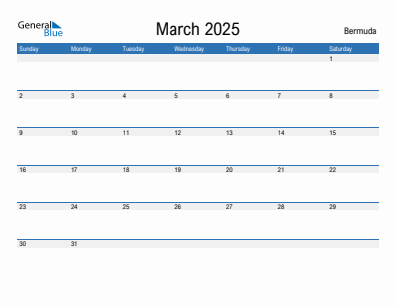 Current month calendar with Bermuda holidays for March 2025