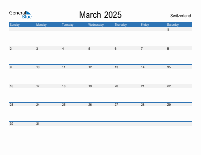 Current month calendar with Switzerland holidays for March 2025