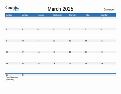 Current month calendar with Cameroon holidays for March 2025