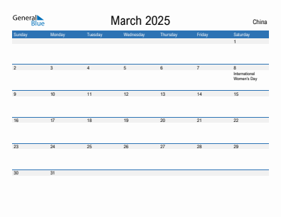 Current month calendar with China holidays for March 2025