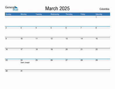 Current month calendar with Colombia holidays for March 2025