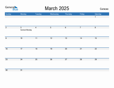 Current month calendar with Curacao holidays for March 2025