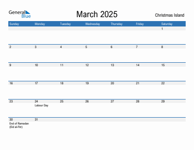 Current month calendar with Christmas Island holidays for March 2025