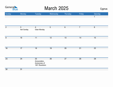 Current month calendar with Cyprus holidays for March 2025