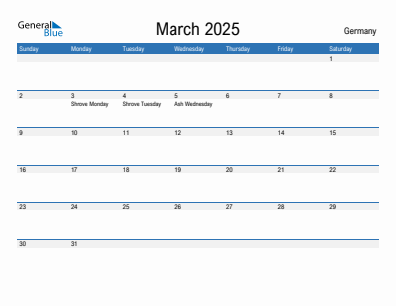 Current month calendar with Germany holidays for March 2025