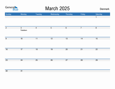 Current month calendar with Denmark holidays for March 2025