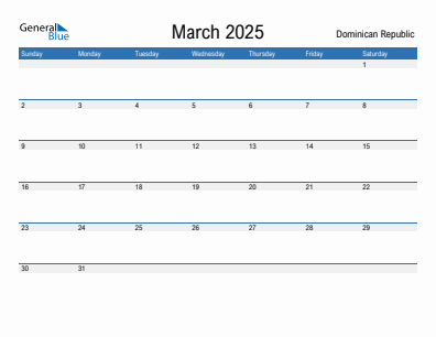 Current month calendar with Dominican Republic holidays for March 2025