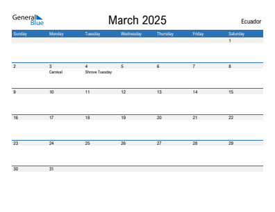 Current month calendar with Ecuador holidays for March 2025