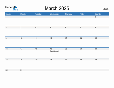 Current month calendar with Spain holidays for March 2025