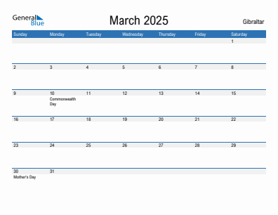 Current month calendar with Gibraltar holidays for March 2025