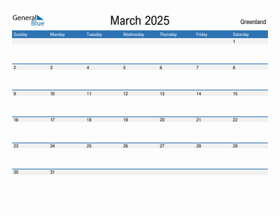 Current month calendar with Greenland holidays for March 2025