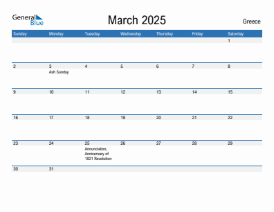 Current month calendar with Greece holidays for March 2025