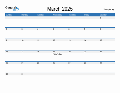 Current month calendar with Honduras holidays for March 2025