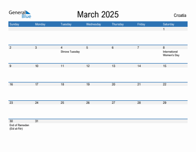 Current month calendar with Croatia holidays for March 2025