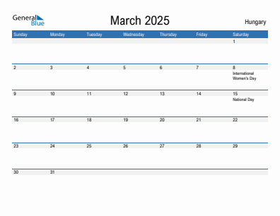 Current month calendar with Hungary holidays for March 2025