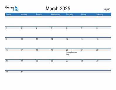 Current month calendar with Japan holidays for March 2025