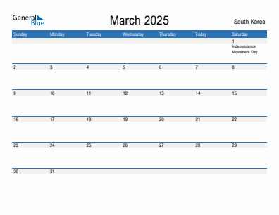 Current month calendar with South Korea holidays for March 2025