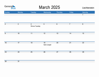 Current month calendar with Liechtenstein holidays for March 2025