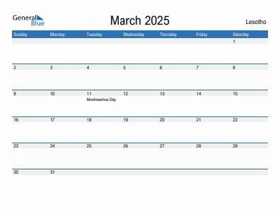 Current month calendar with Lesotho holidays for March 2025