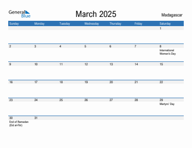 Current month calendar with Madagascar holidays for March 2025