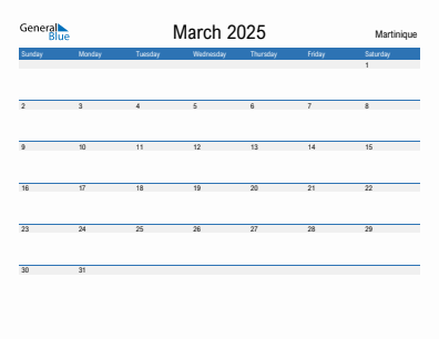 Current month calendar with Martinique holidays for March 2025