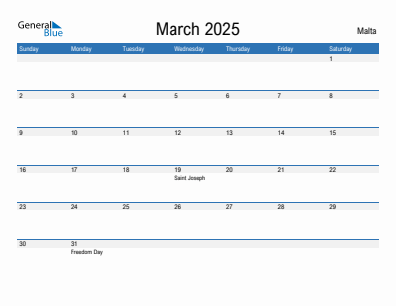 Current month calendar with Malta holidays for March 2025