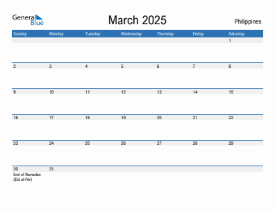 Current month calendar with Philippines holidays for March 2025