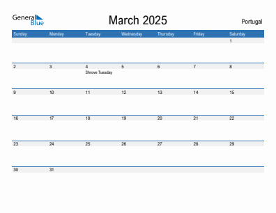 Current month calendar with Portugal holidays for March 2025