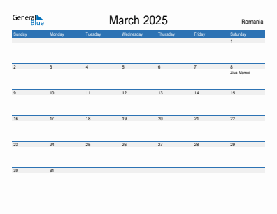 Current month calendar with Romania holidays for March 2025