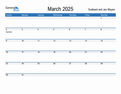 Current month calendar with Svalbard and Jan Mayen holidays for March 2025