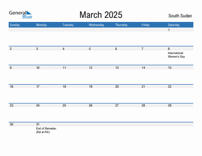 Current month calendar with South Sudan holidays for March 2025