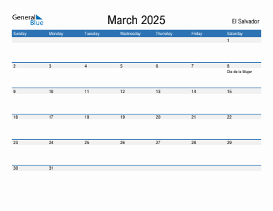 Current month calendar with El Salvador holidays for March 2025