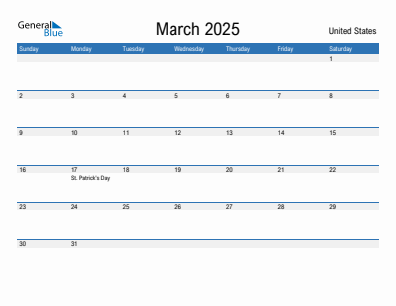 Current month calendar with United States holidays for March 2025