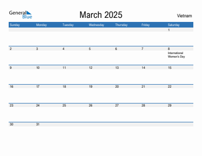 Current month calendar with Vietnam holidays for March 2025